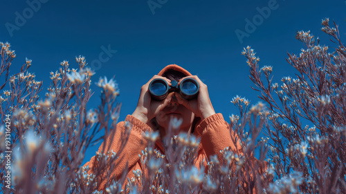 Person with binocular orange hoodie blue sky wildflower field nature exploration outdoor adventure hidden observer spring meadow curiosity travel concept Person with binocular orange hoodie clear