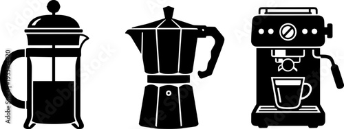 Diverse Coffee Makers Vector Icon Set: French Press, Moka Pot, & Espresso Machine Illustrations for Cafe Branding, Recipe Guides, and Beverage-Themed Designs. High-quality glyphs.
