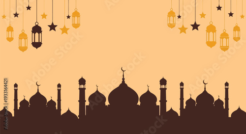 Islamic mosque silhouette with lanterns and stars Ramadan Kareem celebration vector background