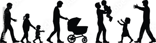 Family life stages silhouette illustration showing parents and children at different moments, representing parenting, childhood, growth, bonding, and everyday family relationships