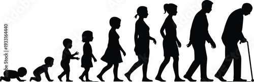 Human life stages silhouette illustration showing growth and aging process from baby crawling to elderly man walking with cane, representing lifecycle, development, and time