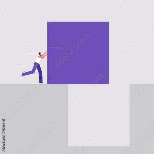 Concept of business achievement, completion, achieving goal, struggling with problems and obstacles, businesswoman push block, goes to goal overcoming difficulties, business metaphor