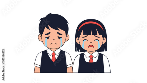 Sad young school boy and girl in uniforms crying with tears running down their faces showing emotional distress or grief.