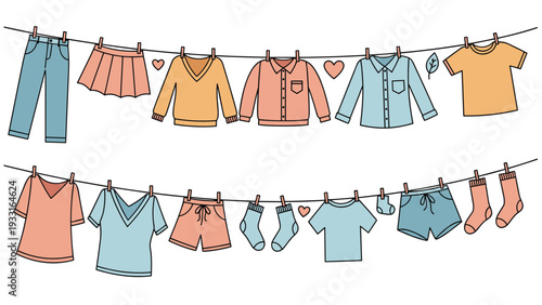 Assorted colorful clothes like shirts, pants, skirts, and socks hanging on a laundry line with heart and leaf decorations.