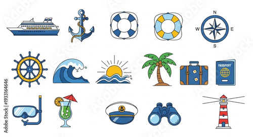 Collection of nautical and travel themed illustrations and icons for design.