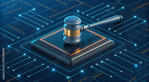 Wallpaper Mural Electronic gavel digital circuit board platform symbolizing technology law and cybersecurity enforcement with dramatic lighting and futuristic mood Torontodigital.ca