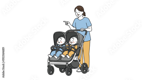 Happy mother smiling warmly while pushing two young babies in a modern side-by-side double stroller against a plain white background.