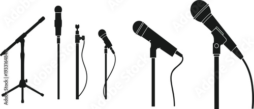 Microphones on stands silhouette collection featuring studio, stage and handheld mics isolated for audio recording and live performance