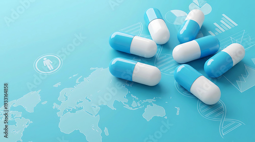 Blue and white capsules on digital medical interface with world map for global healthcare