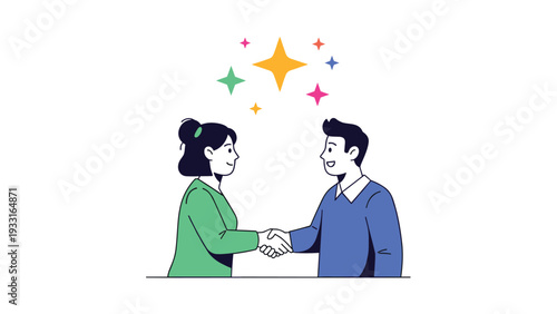 Happy man and woman shaking hands successfully with bright colorful sparkles overhead symbolizing a great agreement or a new partnership.