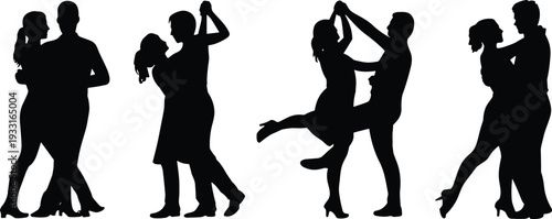 Romantic dancing couples silhouette set showing men and women in elegant poses, representing love, partnership, ballroom dance, passion, movement, and relationship moments
