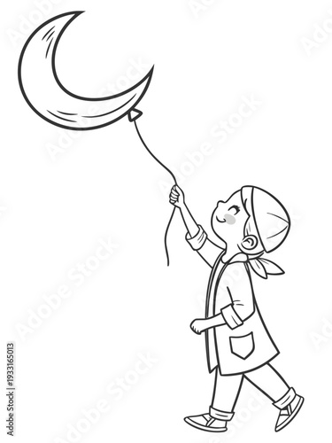 Young child happily flying a kite shaped like a crescent moon in a sunny outdoor setting on a windy day with a big smile.