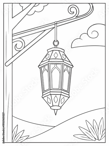 Beautiful traditional lantern hanging from a wooden beam with intricate designs surrounded by nature elements in a peaceful environment for relaxation and decoration purposes always.