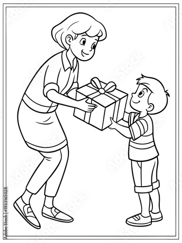 Mother giving her young son a beautifully wrapped gift box with a bow on it in a heartwarming moment of love and celebration.