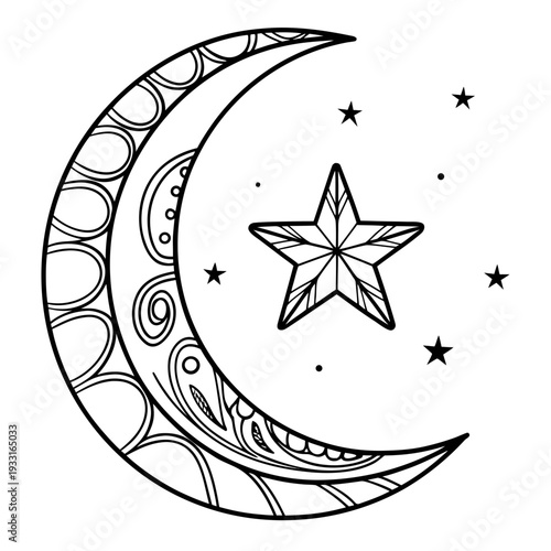 Beautiful crescent moon with intricate designs surrounded by stars in a serene night sky illustration for a coloring book page or decorative art