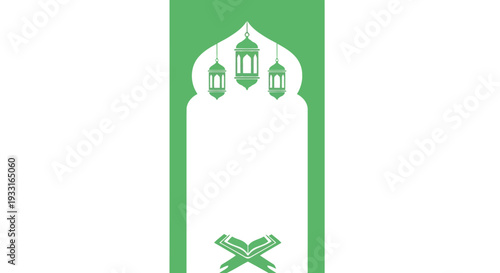 Islamic mosque arch vector with lanterns and Quran, green Ramadan background template