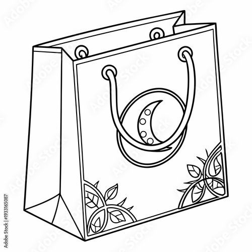 Beautifully designed paper shopping bag with floral pattern and crescent moon symbolizing elegance and style for retail packaging and branding purposes.