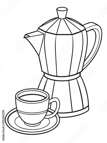 Simple line drawing of a coffee cup and saucer with a coffee maker on a white background