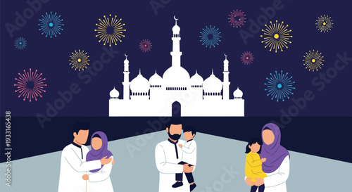 Muslim families celebrate the evening holiday beneath bright fireworks near a glowing white mosque silhouette in this festive gathering.