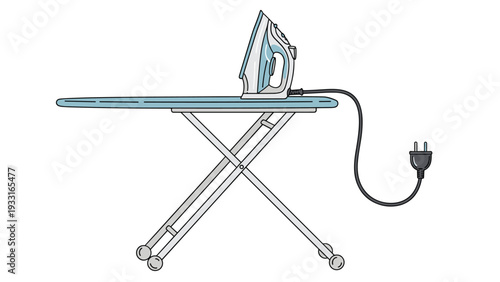 Professional blue and white steam iron resting on a padded ironing board with its long power cord and electric plug visible on the right side.