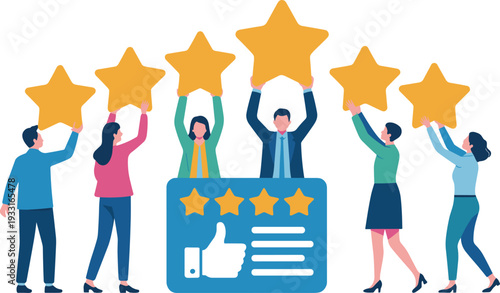 Business Team Holding Five Star Rating Above Review Panel Isolated on White Background for Customer Satisfaction Feedback and Quality Service Concept