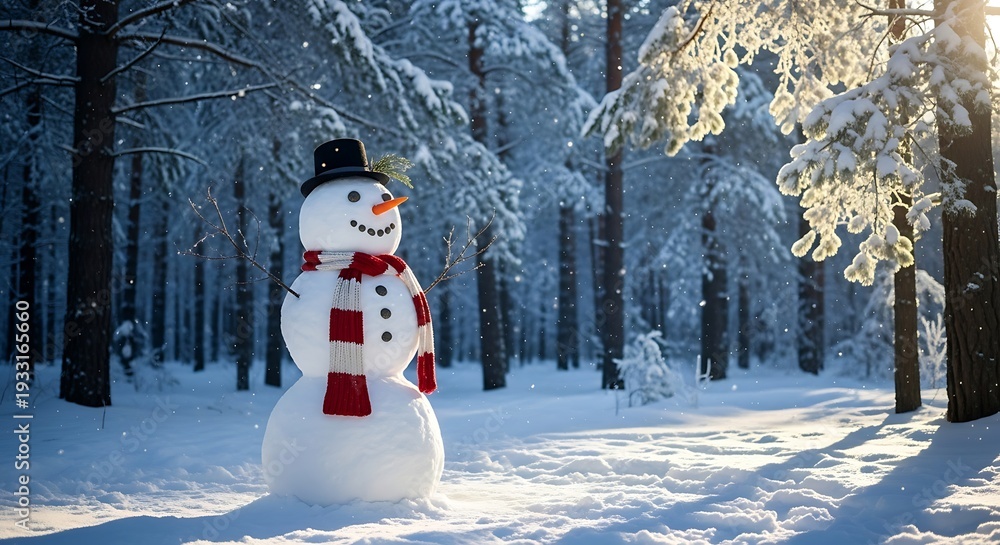 Obraz premium Snowman in Winter Forest with Red Scarf.