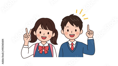 Cheerful school boy and girl in uniforms with one making a peace sign and the other pointing up excitedly as if they have a bright new idea.