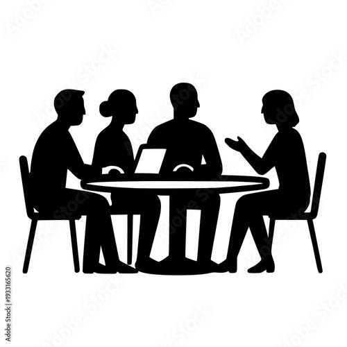 A group of people sitting around a table in silhouette
