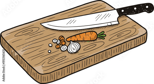 Vibrant Hand-Drawn Cooking Essentials Vector: Chef's Knife, Fresh Carrots & Onions on a Rustic Cutting Board - Perfect for Healthy Food Prep Illustrations, Kitchen Decor, and Recipe Graphics.