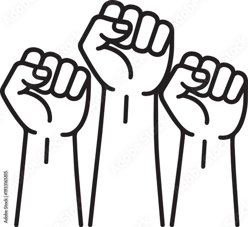 Three raised fists outline icon representing strong public protestation activist mob rebel and political liberty
