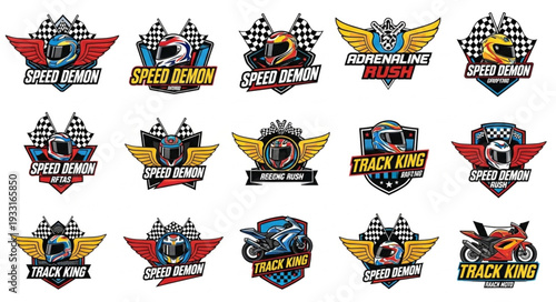 Collection of dynamic motorcycle racing emblems and logos with wings and checkered flags.