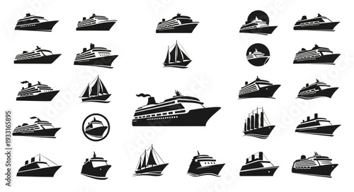 Collection of various black and white ship illustrations and designs.