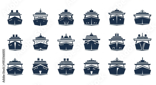 Collection of various detailed front views of different cruise ships and boats.