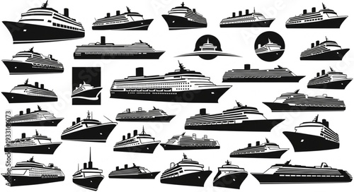 Collection of various cruise ships and vessels in black and white silhouette.