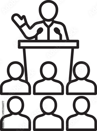 Politician delegate giving a speech at podium to audience outline icon for political election campaign