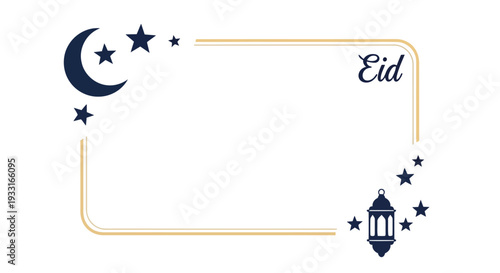 Eid Mubarak vector frame with crescent moon, stars, and lantern for festive greeting card design