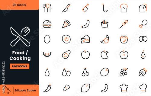 36 Food and Cooking Kitchen Ingredients Line Icons