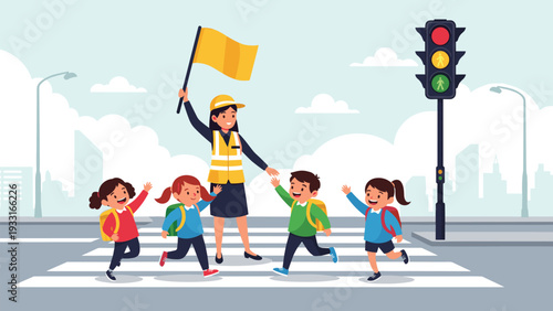 Smiling crossing guard in a high-visibility safety vest holding a flag while school children cross the street at a marked pedestrian walkway.