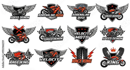 Motorcycle Racing Badges Collection with Wings and Checkered Flags for Speed Enthusiasts.