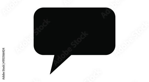 A black speech bubble icon on a white background for communication and dialogue