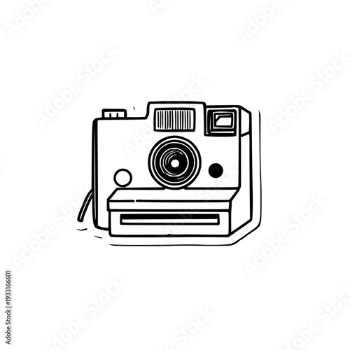 Vintage Polaroid camera sticker design, minimalist retro photography theme with bold borders, isolated on white background