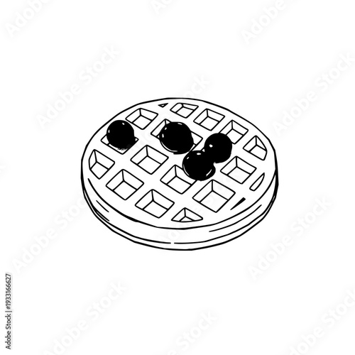 Flat 2D illustration of a Belgian waffle topped with fresh blueberries, perfect for breakfast treat themes, minimalist line art on white background