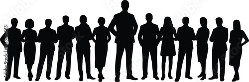 Corporate Team Silhouettes with Confident Leader Standing Front and Center Isolated on White Background for Business Leadership Management and Professional Concept