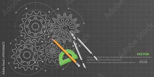 Gears. Drawing tool. Engineering education. Vector illustration.