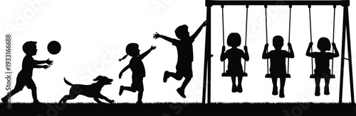 Children Playing in Park Silhouettes Featuring Kids with Ball Dog and Swing Set Isolated on White Background for Childhood Fun and Outdoor Activity Concept