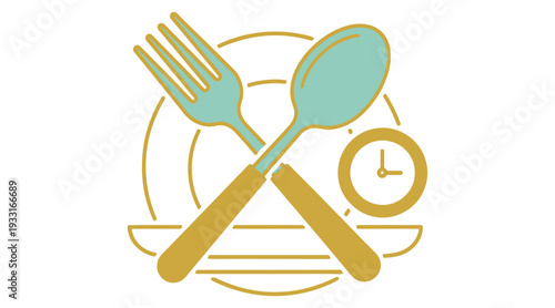 Restaurant logo with fork spoon plate and clock