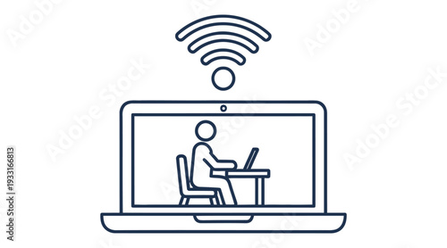 A person sitting at a desk working on a laptop with wifi signal
