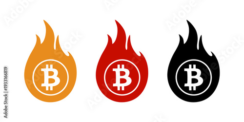 Set of three Bitcoin fire icons. Orange, red, and black flames surrounding the Bitcoin symbol, symbolizing a hot and volatile cryptocurrency market on a clean white background
