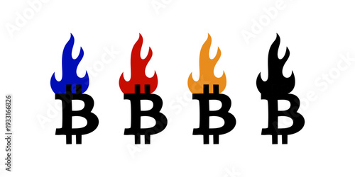 Bitcoin fire icon set on white background. Four black Bitcoin symbols with colorful flames in blue, red, orange, and black, representing crypto market heat and volatility
