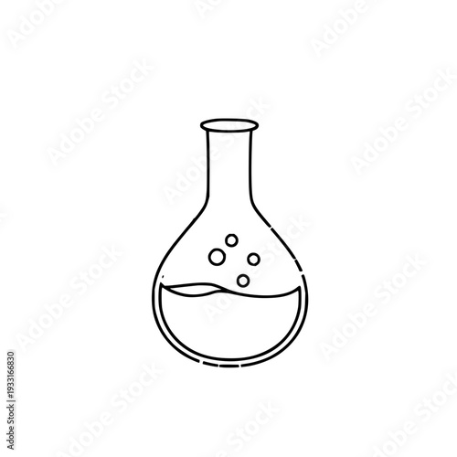 Minimalist brown outline icon of a round-bottom lab flask with bubbling liquid, depicting scientific research or chemistry experiments on a clean white background